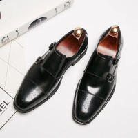 Handmade business office party wear monk strap custom logo genuine leather dress shoes for men