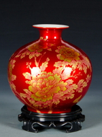 景德鎮陶瓷器中國紅色水晶釉石榴花瓶插花創意家居客廳裝飾品擺件