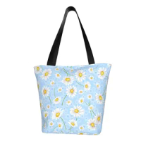 Fashion Daisy Garden Blue Flower Shopping Tote Bag Reusable Daisies Floral Canvas Grocery Shoulder Shopper Bag