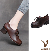 【Vecchio】真皮跟鞋 粗跟跟鞋/全真皮頭層牛皮手工復古車線繫帶粗跟鞋(棕)