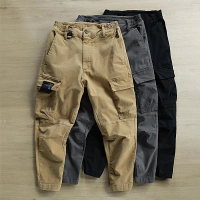 Men's Cotton Cargo Pants Loose Hip-Hop Nine-Point Casual Pants Jogger Tactical Pants Multi-Pocket Wo