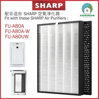EVERGREEN 適用於Sharp FU-A80A  FU-A80A-W FU-A80UW 空氣清新機 淨化器 備用過濾器套件替換用