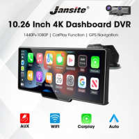 10.26" Car DVR Carplay Android Auto Dashcam 4K 3840*2160 Front and 1080P Rear Camera Voice Control WIFI GPS Recorder Dual lens
