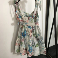 2024 Spring/Summer New Big Flower Strap Hanging Strap Flower Bud Short Skirt Imitation Linen Sleeveless Dress Short Skirt