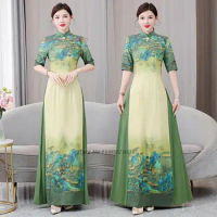 2024 vietnam aodai dress traditional chinese vintage qipao dress women flower print improved cheongsam oriental ethnic dress