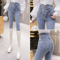 高腰牛仔褲女秋夏季新款緊身顯瘦顯高淺色外穿小腳鉛筆長褲子