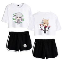New Girls Short Sleeve Suits Girls Sexy Two Pieces Sets Novelty Re Zero Rem And Ram T-shirt Shorts Pants Dew Navel Sport Suit