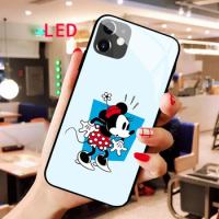 Minnie Luminous Tempered Glass phone case For Apple iphone 13 14 Pro Max Puls Kawaii Luxury Fashion RGB LED Backlight new cover