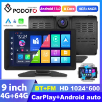 Podofo 9" Android Car Radio 4+64G Mirror Video Player Monitor Wireless CarPlay Android Auto GPS Rearview Camera Dashboard Video