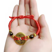 Adjustable Red String Bracelets with Lucky Copper Coins Pendant of Chinese Feng Shui Wealth Bangle for Baby Women Girls
