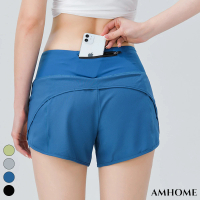 【Amhome】lulu後拉鍊口袋假兩件運動短褲#112991現貨+預購(4色)