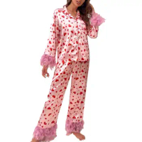 Comfortable Women Sleepwear Women's Heart Print Pajama Set with Fluffy Feather Decor Wide Leg Elastic Waist Spring for Women
