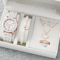 5PCS/Set Geneva Women Watch Heart Pearls Jewelry Set Casual Silicone Band Female Quartz Wrist Watch（Without Box）