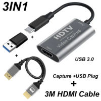 3in1 USB 3.0 Video Capture Card 1080P 60fps 4K HDMI-compatible Video Grabber Box TYPE-C TO USB 3M HDMI Cable For Macbook PS4 Gam
