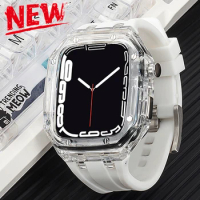 Luxury Transparent Case Modification Kit for Apple Watch Band 45mm 44mm Case Sport Rubber Strap for Iwatch Series 9 8 7 6 SE 5 4
