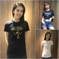 美國百分百【全新真品】Guess T恤 T-shirt 短袖 燙金 經典問號款 女 logo 黑色/深藍/白色 AC17