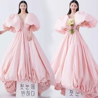 新款影樓主題韓式粉色緞面婚紗攝影服裝拖尾高定簡約拖尾拍照禮服