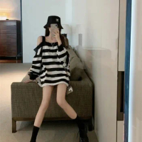 Vintage Piece Gothic Black and White Stripe Off Shoulder Loose Oversized Hoodie Korean Fashion Autumn Casual Sweatshirt