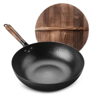 32cm Chinese Traditional Handmade 100% Iron Wok Thickening Non Coated Round Bottom Pan Wok Cook Large Cooking Pot with Wood Lid