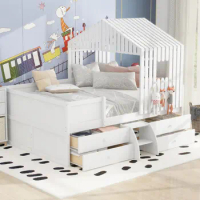 Full Size Low Loft Bed,Unique Style Kids bed,House Shape platform bed with 4 Drawers,roof,window and chimney,Easy Assembly