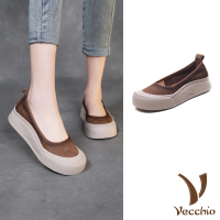 【Vecchio】真皮鞋 牛皮鞋 厚底鞋/全真皮頭層牛皮淺口小圓頭復古厚底鞋(棕)