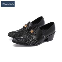 Black Monk Strap Patchwork Men Party Shoes Mid Heel Business Formal Brouge Shoes Man Pointed Toe Office Dress Oxfords Shoes