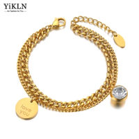 YiKLN Double Layer Stainless Steel Love You Tag &amp; CZ Crystal Charm Bracelets For Women Bohemia Chain Link Jewelry YB21066