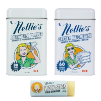 【Nellie s】100% 天然植物性成份超強去漬棒x1(76.5g)+天然無毒增豔亮白酵素x1罐(900g)+洗碗機專用洗碗粉x1罐(1000g)