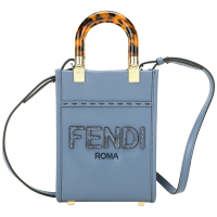 FENDI Sunshine 迷你型 小牛皮拼蟒蛇紋皮字母玳瑁提柄兩用托特包(灰藍)