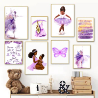 Cartoon Boho Ballet Girl Princess Dream Butterfly Nordic Poster Wall Art Print Canvas Painting Wall Picture Baby Kids Room Decor