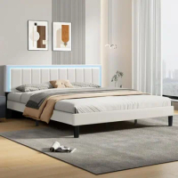 King-size bed frame, adjustable headboard and footboard, heavy-duty wood slatted support, upholstered faux leather bed