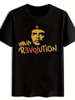 Men'S Black T-Shirt Featuring a Yellow Face Silhouette And a Red Star - LA REVOLUCION Print, Perfect