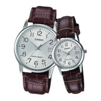 【CASIO 卡西歐】指針對錶 皮革錶帶 銀 防水 日期顯示(MTP-V002L-7B2+LTP-V002L-7B2)