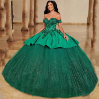 Green Mexican Quinceanera Dress 2024 XV Princess Prom Ball Gown Sequin Sweet 16 Years Birthday Dress Ruffle Layers Evening Party