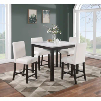 Modern 5pc Counter Height Dining Set Kitchen Dinette Faux Marble Top Table and 4x High Chairs Faux Leather Seats Dining Room