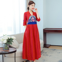 新款新色織麻重工刺繡民族風長款連衣裙中國風長裙女裝