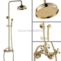 Bathroom Wall Mounted Luxury Gold Color Brass 8 inch Shower Head Rain Shower Faucet Set with Handheld Shower Mixer Tap Wgf321