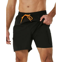 Men's swimsuit with compression lining 2 in 1 quick-dry swim trunks with zipper pocket black