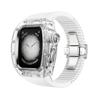 Fashion Retrofit Case Viton Strap Crystal Mod Kit for Apple Watch 44mm 45mm Luxury iWatch Series 9 8 7 6 5 4 SE white band