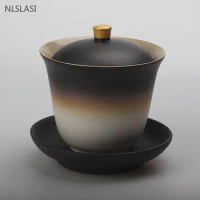 170ml Black Pottery Chinese Gaiwan Wedding Ceramic Tea Infuser Household Porcelain Tea Set Handmade Tea Bowl Teacup with Lid