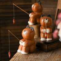 異麗東南亞手工實木雕刻小貓釣魚擺件創意個性水族箱魚缸裝飾品