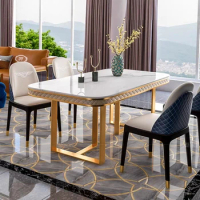 Luxury Italian Dining Table Set Modern Corner Marble Top Stainless Steel Dining Room Table