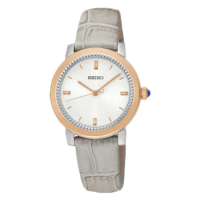 SEIKO 氣質石英女錶 皮革錶帶 銀色x玫瑰金 生活防水 (SRZ452P1)
