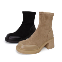 【Robinlo】時尚迷人異材質拼接高跟厚底襪靴HARVIE(個性黑/質感棕)