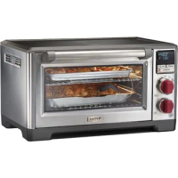 Digital countertop convection oven, kitchen cooking appliance with temperature probe, stainless steel and red knob