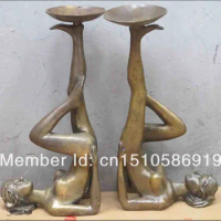 15"western Naked art sculpture Bronze beautiful belle tray oil lamp PAIR Statue