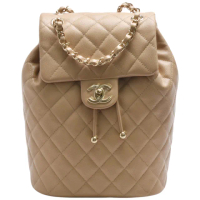 【CHANEL 香奈兒】經典雙C LOGO粒紋牛皮鍊帶手提/後背包(大-奶茶色AS4059C-NUDE-GP)