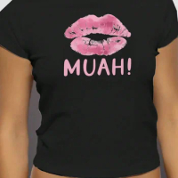 Y2k 100% Cotton Women Crop T-shirts Muah! Pink Lip Print Tees O-Neck Tight Short Sleeves Clothes Fas