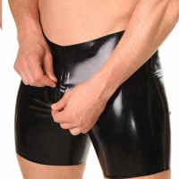 Sexy Black Men's Latex Shorts Boxer Brief with Front Crotch Zip