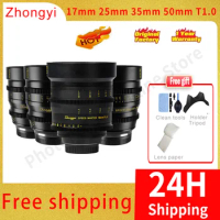 Zhongyi 17mm 25mm 35mm 50mm T1.0 M4/3 Cine Movie Large Aperture Cinematic Lens for M4/3 Sony FE Fuji X Canon EOS R
